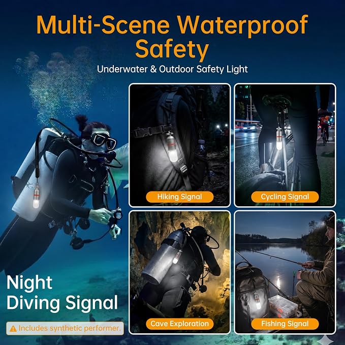 SecurityIng 2-Pack Dive Marker Light, 150m Waterproof Mini Scuba Tank Light, Steady & Flash Modes,AAA Battery Included, LED Diving Signal Light for Night Diving Camping Cave Adventure(White)