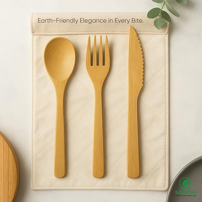 Premium Pre-Rolled Napkin and Bamboo Cutlery Set (60 Pack, 240 PCS) 100% Biodegradable, Eco-Friendly, Disposable Wrapped Cutlery-Includes Pre-Wrapped Bamboo Forks, Knives, Spoons, & Napkins
