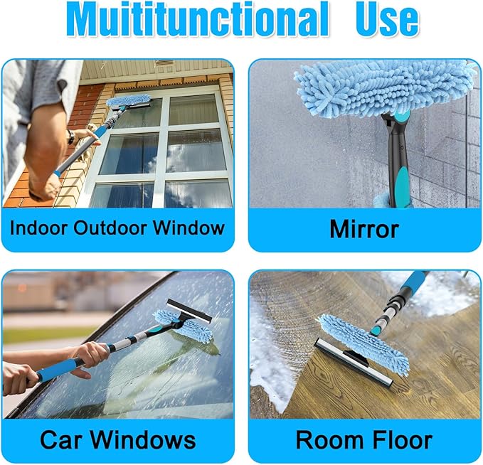 16FT Reach Window Squeegee Kit with Extension Pole, 2-in-1 Professional Washer for High Windows, 3-12FT Adjustable Reach, Rotatable Head for Indoor & Outdoor Use, Streak-Free Cleaning Tool for Home