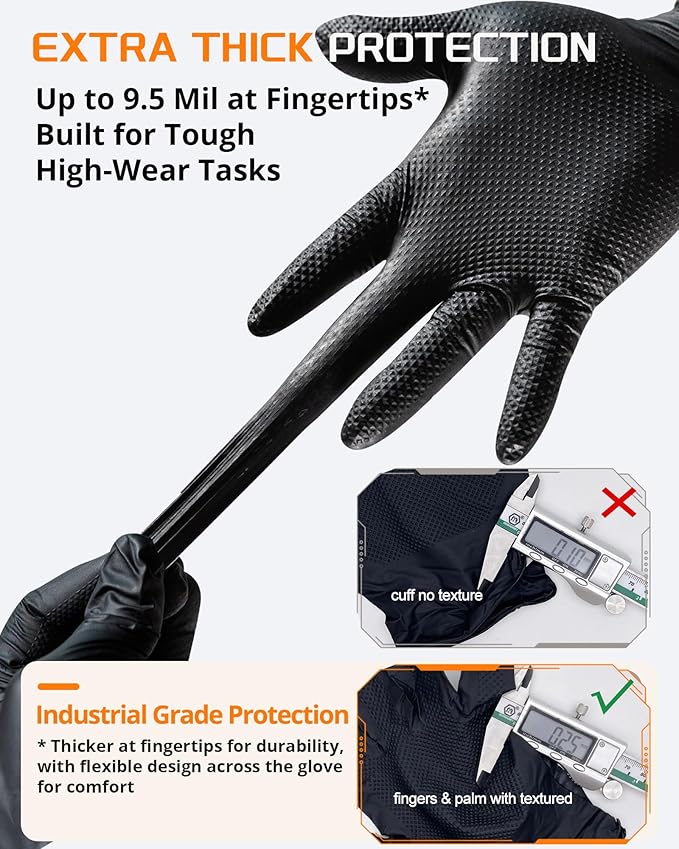 NITROSHIELD 9mil Heavy Duty Disposable Nitrile Gloves, Black XLarge 80Pcs -Chemical Resistant, Latex Powder Free Rubber Gloves Diamond Texture for Automotive, Mechanics, Cooking,BBQ, Industrial Use