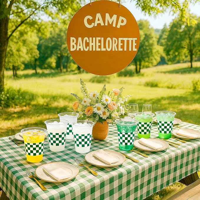 SiliFine 50 Pcs 12 oz Dark Green Checkered Plastic Cups Clear Disposable Gingham Plaid Party Cups for Baby Shower Golf Camp Parties Picnic Party Decorations