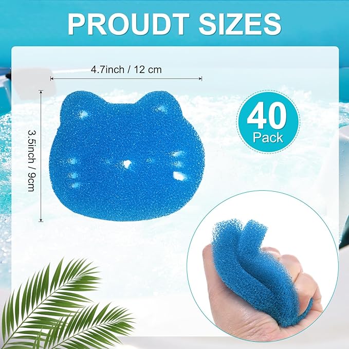 M METERXITY 40-Pack Hot Tub Scum Absorber, 9x12 Cm/3.5x4.7 Inch Sponge Kitten Pattern Scum Balls for Spa, Bathtub and Swimming Pool to Soak Up Oils Bathtub Accessories [Blue]