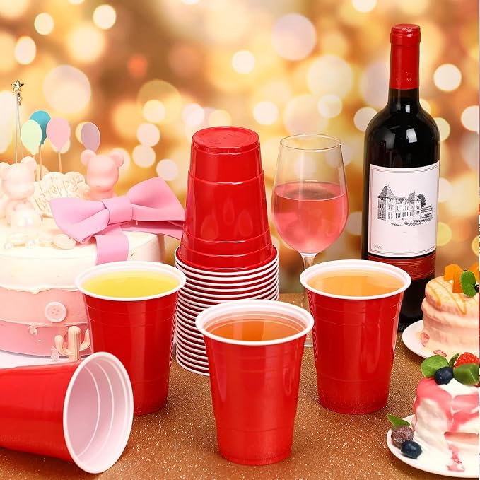 Lounsweer 100 Pcs 16 oz Disposable Party Cups Plastic Heavy Duty Drinking Water Cups for Birthday Baby Shower Wedding BBQ Picnic Party Supplies(Red)