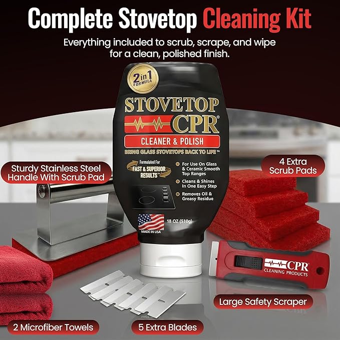Stovetop CPR Glass Cooktop Cleaner Kit (18oz) – Ceramic Stove Cleaner, Polish, Scrubber Pads, Razor Scraper & Microfiber Towels