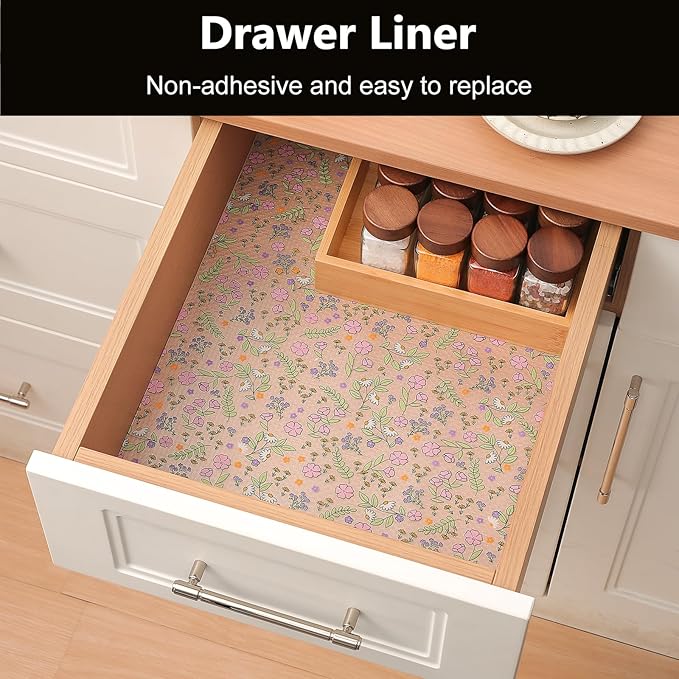 INNOLITES Shelf Liners for Kitchen Cabinets Non-Adhesive Drawer Liner with Floral, Waterproof Durable Easy to Clean, for Refrigerator, Shelves (Pink Purple Rose, 17.5" x 360")