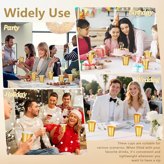 tchrules 100 Pcs 12oz Gold Plastic Cups, Disposable Gold Party Cup for Christmas, Plastic Drinking Cup Bulk for Halloween Thanksgiving Birthday Wedding Picnic Party Decoration Supplies