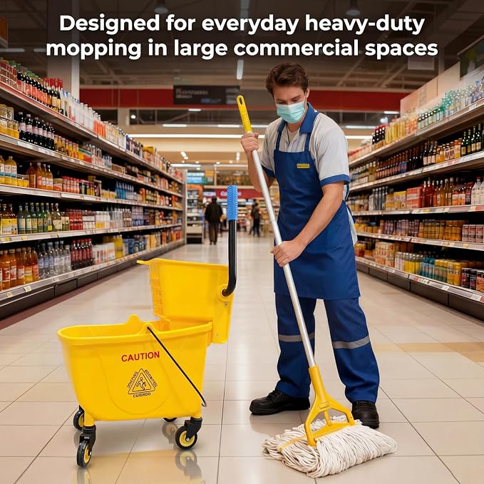33 Qt Commercial Mop Bucket, with Side-Press Wringer on Wheels. Includes an Industrial Mop. Yellow Industrial Mop Bucket, Suitable for Home, Commercial, Restaurant Cleaning
