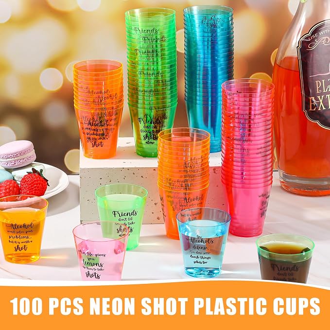Roshtia 100 Pcs 2oz Funny Shot Glasses for Adults Friends Plastic Shot Cup Colorful Neon Disposable Mini Cups with sayings for Bachelorette Birthday Wedding Adult Party Favors Supplies