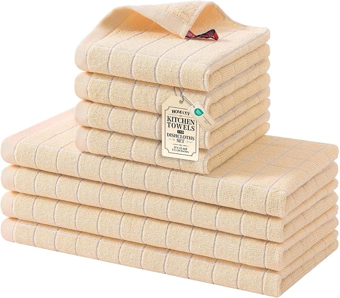 Homaxy Kitchen Towels and Dishcloths Set, 12 x 12 and 13 x 28 Inches, Set of 8 Bulk Cotton Terry Kitchen Towels Set, Checkered Designed, Soft and Super Absorbent Dish Towels, Apricot
