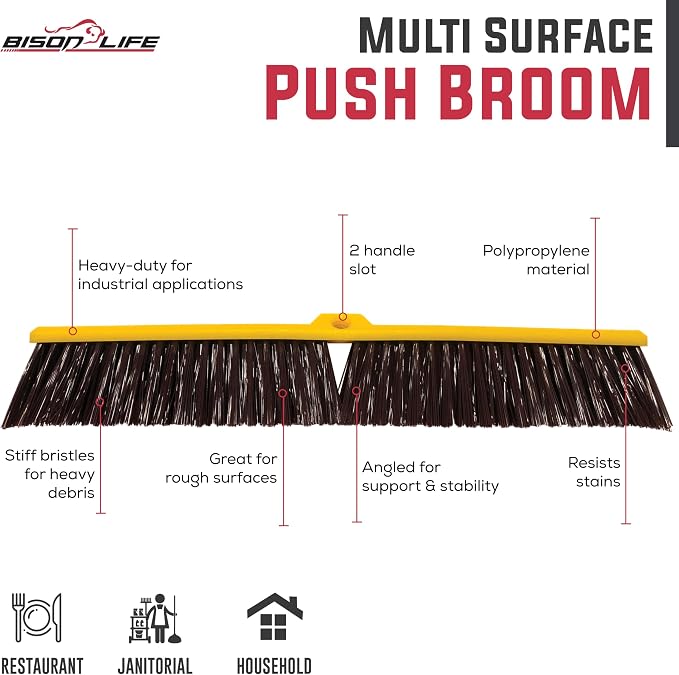 BISON LIFE BIS-WB-09-1 Multi Surface Push Broom Heavy-Duty Floor Sweep Broom, Black