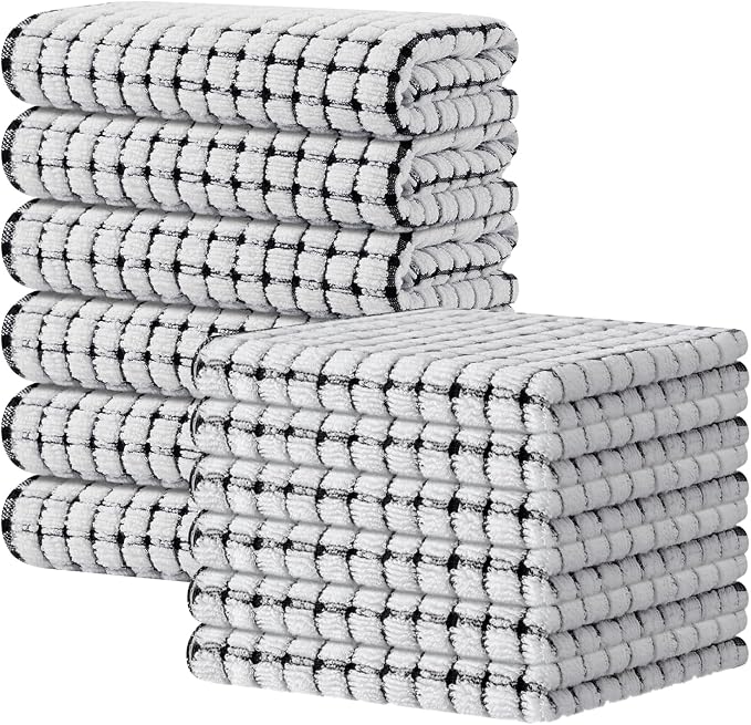 Kitinjoy Cotton 12 Pack Kitchen Towels and Dishcloths Sets, 16 x 25 Inch & 12 X 12 Inch Dish Towels Bulk, Super Soft and Absorbent Hand Towels for Kitchen Drying, Black
