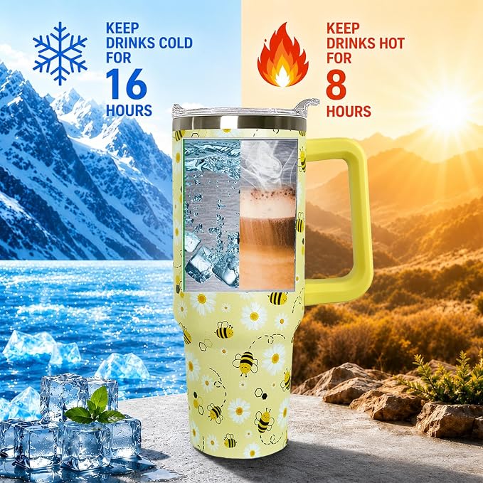 Ceovfoi 40oz Bee tumbler With Handle Lid and Straw,Coffee Mug Cup Skinny Tumbler Water Bottles,Honey themed Gifts for Women Daisy Flowers,Bee Decor
