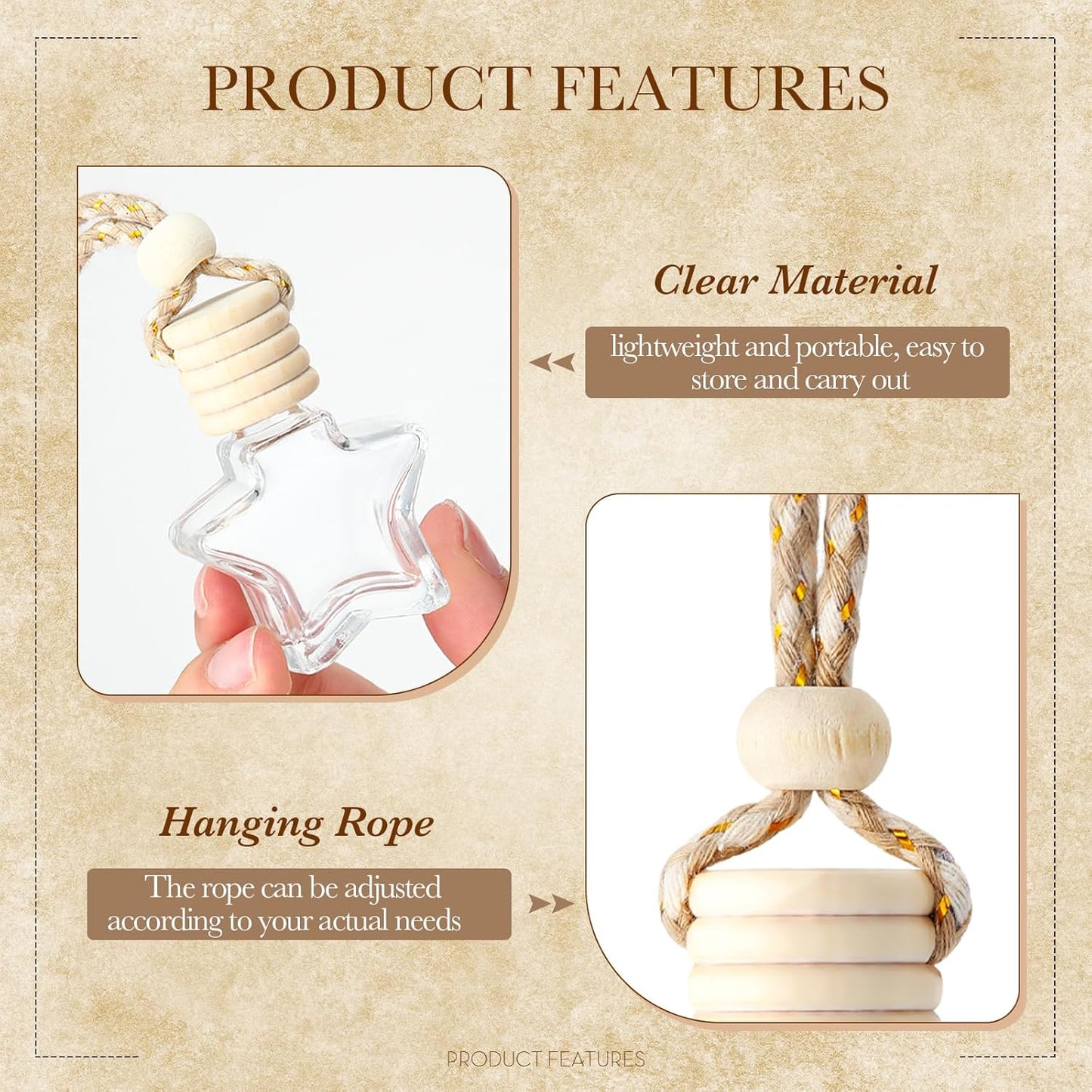 BBTO 50 Pcs Hanging Car Air Freshener Car Diffuser Bottles Empty Glass Perfume Bottle Freshener Diffuser Bottle Pendant for Essential Oil Fragrance Aromatherapy Bottle Ornament(Star)