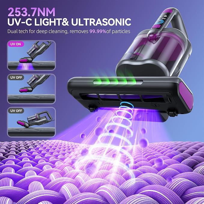Mattress Vacuum Cleaner, 20Kpa Suction Bed Vacuum Cleaner with 253.7nm UV-C Light, 140°F Heated Air, 30000 RPM Brushroll, 40,000Hz Ultrasonic, HEPA Filter, for Bed, Sofa, 500W Corded(Dark Gray)