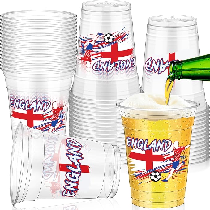 Jingmore 50 Pcs Soccer Plastic Cups 12 oz International Countries Soccer Disposable Plastic Cups Thick Clear Drinkware for Sports Games Party Supplies (England)