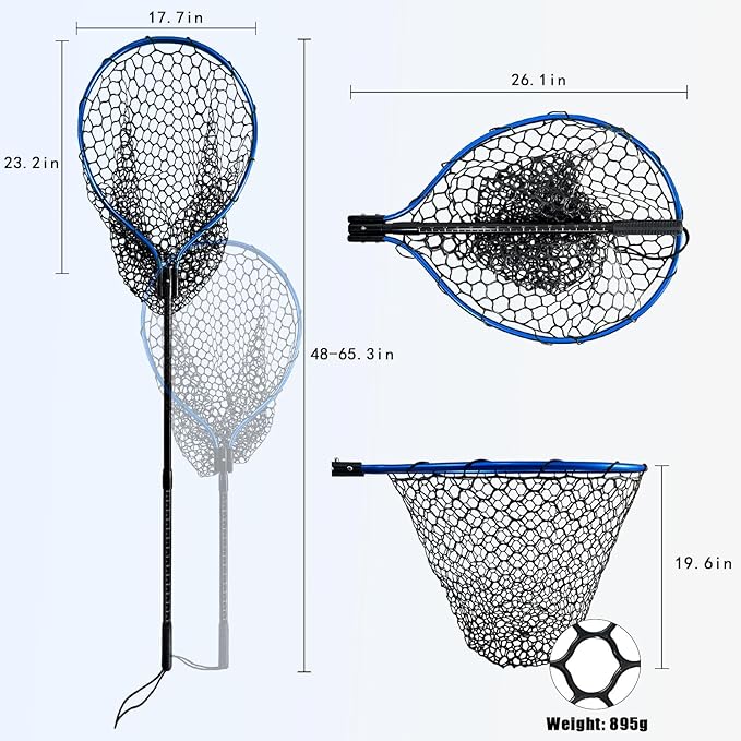 Large Fishing Net with Handle High Strength Landing Net Long Telescoping Rubber Fish Net Extendable Dip Net for Fishing Ideal for River Angling Pier Boat