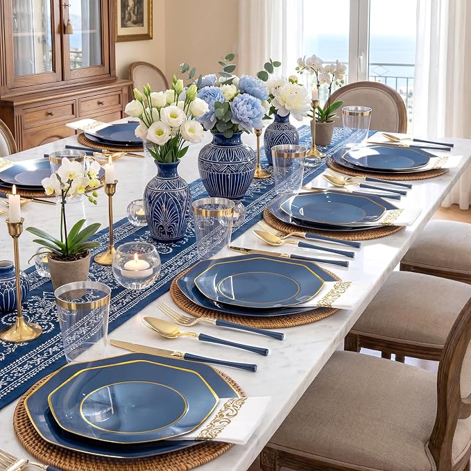 KIRE 140Pcs Blue Plastic Plates with Gold Rim - Gold Disposable Plastic Silverware with Blue Handle&Clear Cups&Hand Napkin - Geometric Party Plates for Memorial Day/Party/Graduation/Father's Day
