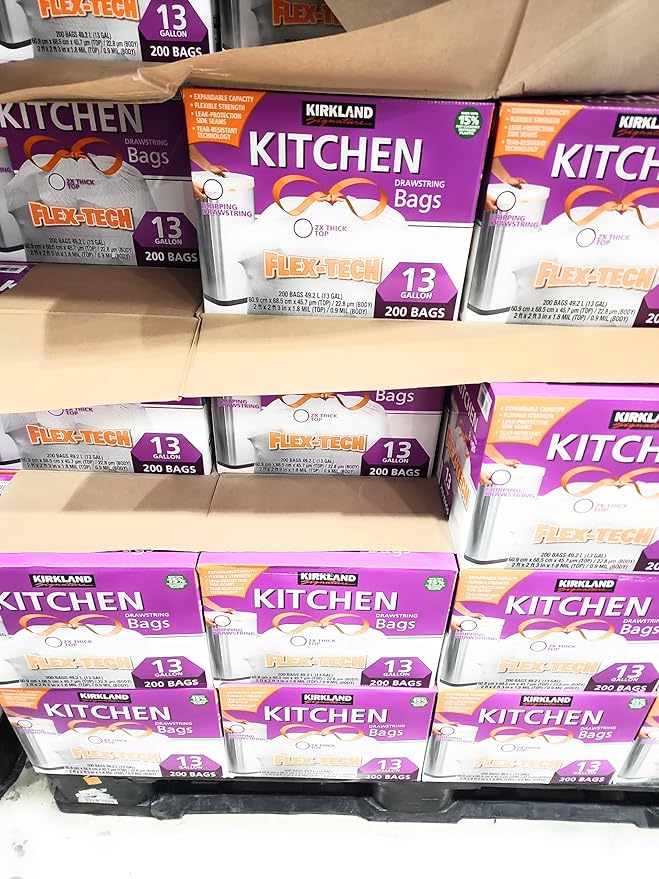 Worldwide Nutrition Bundle Compatible with Kirkland Signature Flex-Tech 13 Gallon Kitchen Garbage Bags with Drawstring Closure - 200 Count Pack of Tall Trash Bags for Kitchen with Keychain