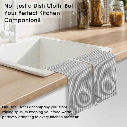 12 Pack Dual Reversible Waffle Weave Dish Cloth, 12x12 Inch, 100% Cotton, Absorbent Dishcloth Set, Quick Dry, Soft for Cleaning, Wiping, Hand Towels, Dish Rags, Durable, Ash Grey