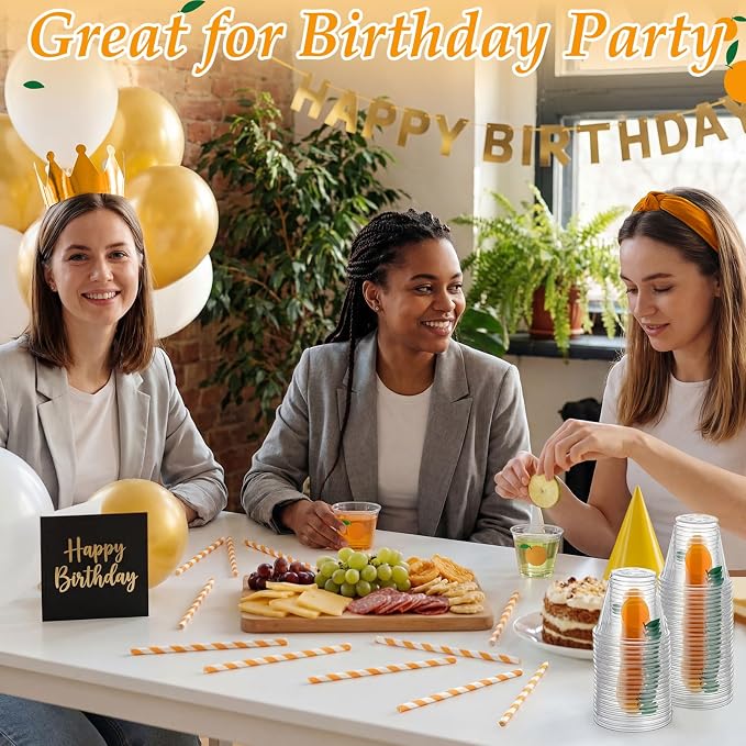 LemonRoad 100 Sets Little Cutie Disposable Plastic Cups Bulk with Lids Straws 9 oz Orange Clear Plastic Cups Tangerine Cold Hot Drinking Container for Baby Shower Birthday Daily Holiday Party Supplies