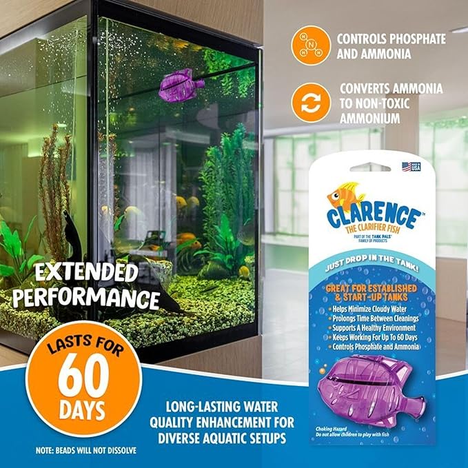 Clarence the Clarifier Fish - 1 pk, Purple - Aquarium Treatment, Clear Cloudy Fresh-Saltwater, Fish-Plant Safe, 10gal Tank Maintenance Each