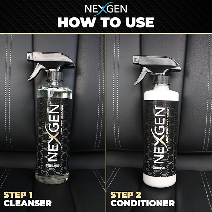 Nexgen Car Leather Cleaner and Conditioner Set - Quick Spray Car Seat Conditioner and Leather Restorer - Gentle Liquid Formula, Multi-Purpose Cleaner for Cars, Couch, Boots, Purses, and More