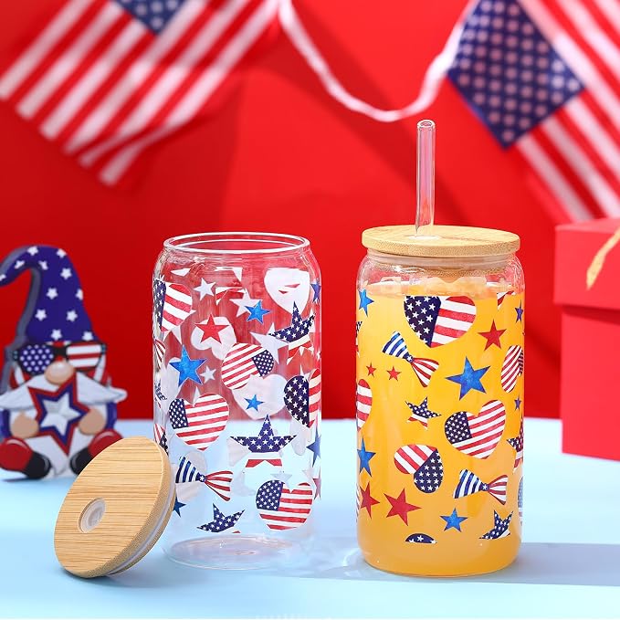 Sliner 2 Pcs Patriotic Glass Cups 4th of July Gifts Tumbler with Lid Straw American Flag Star Iced Coffee Cup 16 oz Red White Blue Drinking Glasses for Women