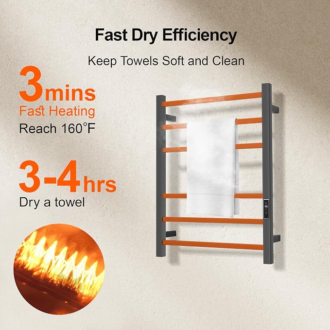 Electric Heated Towel Warmer - Wall Mounted Bathroom Towel Rack, Plug-in Design & Brushed Stainless Steel Finish Gunmetal with Timer & Temperature Control 6 Bar