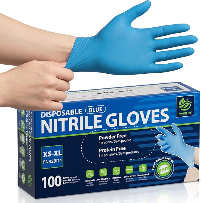 SWIFTLITE Food Safe Disposable Gloves, Blue Nitrile Rubber Gloves, Latex-Free Powder-Free for Food Prep, Cooking, Cleaning