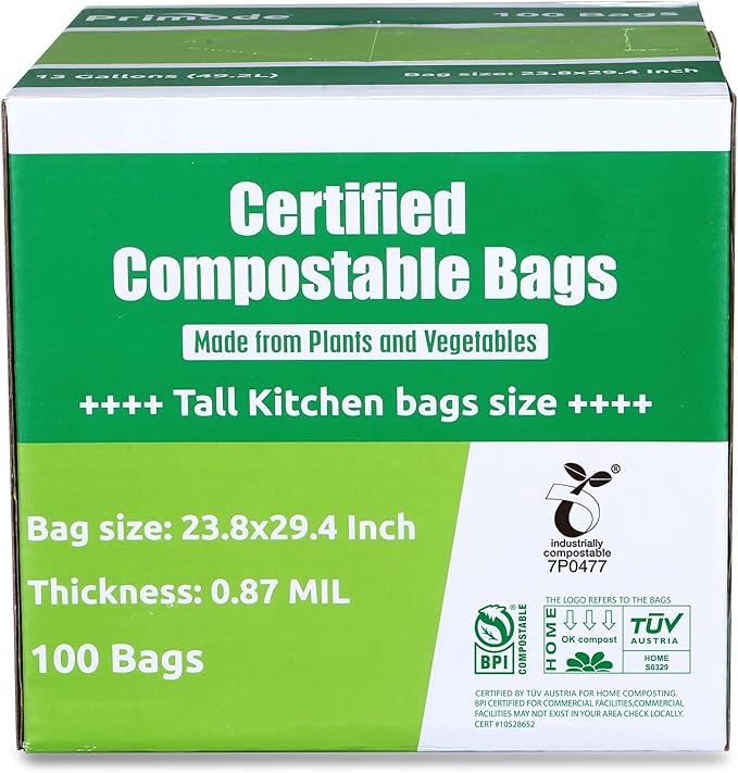 Primode Compostable Bags 13 Gallon, Tall Kitchen Trash Bags, 100 Count, Extra Thick 0.87 Mil. ASTMD6400 Food Scrap Yard Waste Compost Bags, Certified by BPI and TÜV AUSTRIA