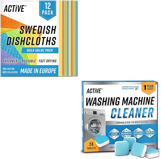 ACTIVE Swedish Dishcloths and Washing Machine Cleaner - Includes 12ct Cellulose Sponge Cloths and 24ct Washer Cleaning Tablets