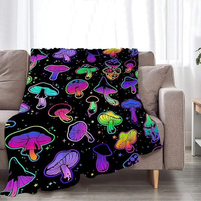 Colorful Mushroom Gifts and Decor - Soft Warm Cozy Fleece Mushroom Blanket for Girls, Women, Kids, Adults - 80"x60"