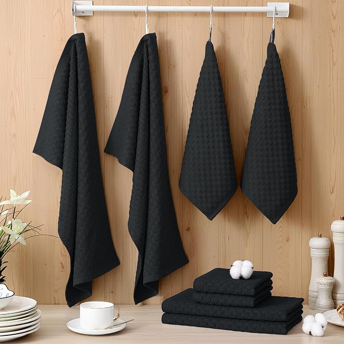 Homaxy 100% Cotton Kitchen Towels and Dishcloths Set, 12 x 12 & 15 x 25 Inches, Set of 10 Bulk Terry Cloth Dish Towels, Super Soft and Absorbent Hand Towel with Hanging Loop, Black