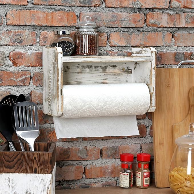 MyGift Farmhouse Paper Towel Holder, Shabby Whitewashed Wood Farmhouse Wall Mounted Kitchen Napkin Dispenser Rack with Top Storage Shelf Spice Racks
