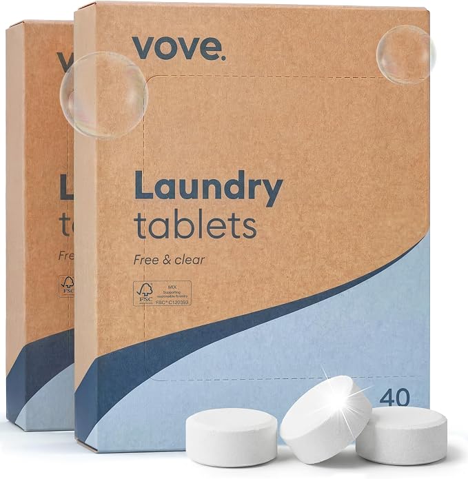 Vove Laundry Detergent Tablets, 80 Loads Value Pack - Plastic-Free, PVA-Free, Zero Microplastics - Enzyme-Powered Stain Removal - Plant-Based, Fragrance-Free, Works in Cold Water, Septic Safe