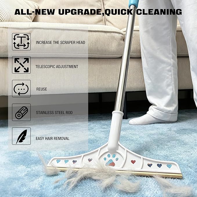 Carpet Rake for Pet Hair Removal, Large Head Carpet Scraper | 28 - 55" Adjustable Handle, Copper Blade, Gentle on Carpet, Lifts Embedded Pet Hair