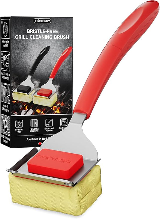 Bristle Free Grill Brush with Scraper for Outdoor Grill Cleaning, Safe Steam BBQ Grill Cleaner, Replaceable Head, Grilling Accessories for Cast Iron, Stainless Steel, Porcelain, Ceramic Grates - Red