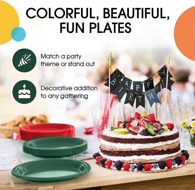 Exquisite Party Solids Green & Red Plates Disposable Green & Red Plastic Plates 100 Pieces - 50-7" & 50-9" Heavy Duty 350 GSM Disposable Dinnerware Sets, Plastic Dinnerware Sets