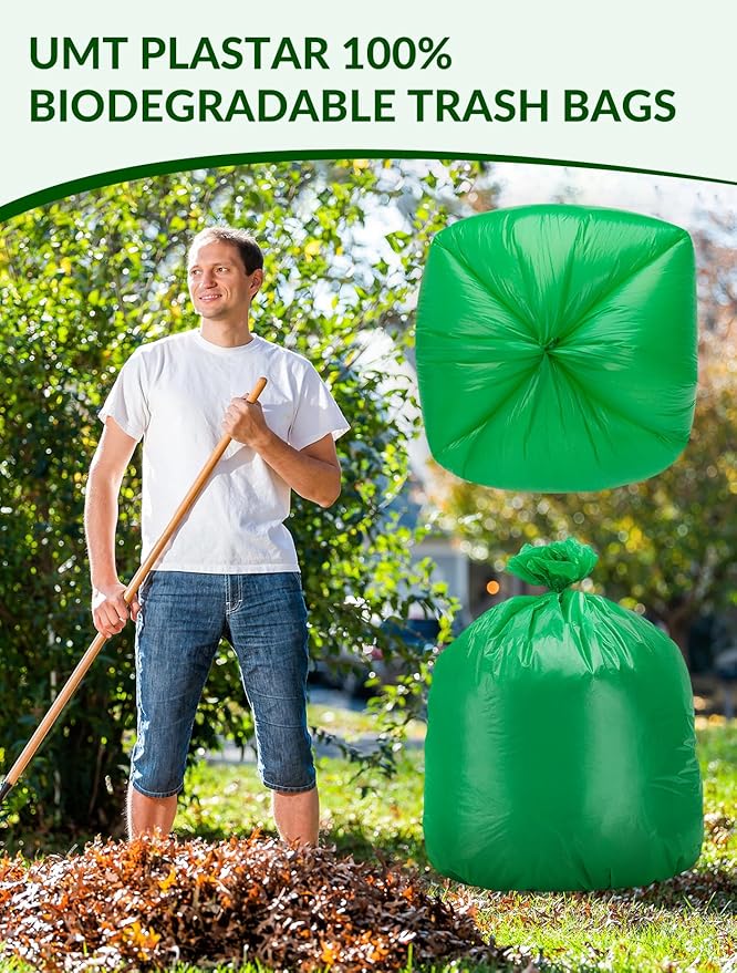 UMT Plastar 200 Count Compostable Trash Bags 30-33 Gallon, 32 x 38 Inch Biodegradable Garbage Bags 18 Micron, Green Eco Friendly Kitchen & Household Trash Bags