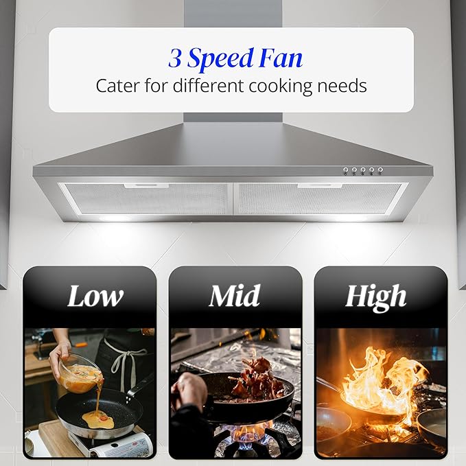 FIREGAS Range Hood 30 inch, Wall Mount Range Hood with LED Lights, 3-Speed Exhaust Fan, Ducted/Ductless Convertible, Aluminum Mesh Filters, Button Controls, Stainless Steel Kitchen Vent Hood