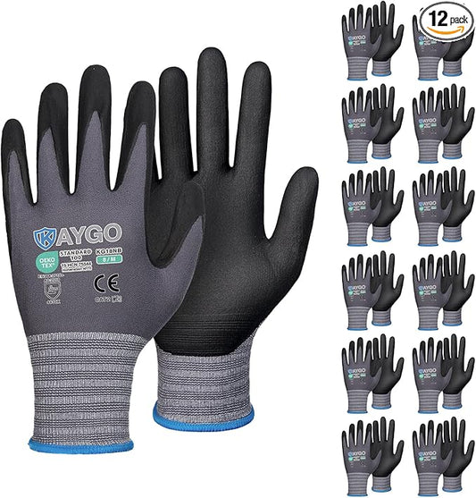 KAYGO Safety Work Gloves MicroFoam Nitrile Coated, 12 Pairs KG18NB,Seamless Knit Nylon Glove for Men and Women, Ideal for Automotive,Warehouse,Construction (Medium, Gray)