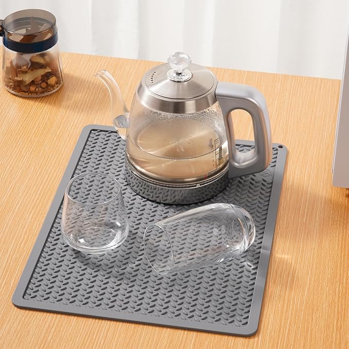 Silicone Drying Mat & Heat Resistant Mat for Kitchen Counter, Non-Slip Dishwasher Safe, Raised Edge for Dishes Bottles Sink (25.5x17.7in, Gery)