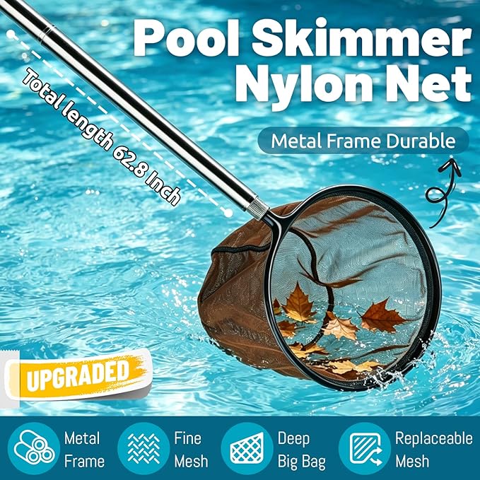 Pool Skimmer Net with Pole Telescoping 4-Section Pole with Heavy Duty Deep Mesh Pool Net and Hook Skimmer Swimming Pool Leaf Skimmer Nets 21"-77.8"