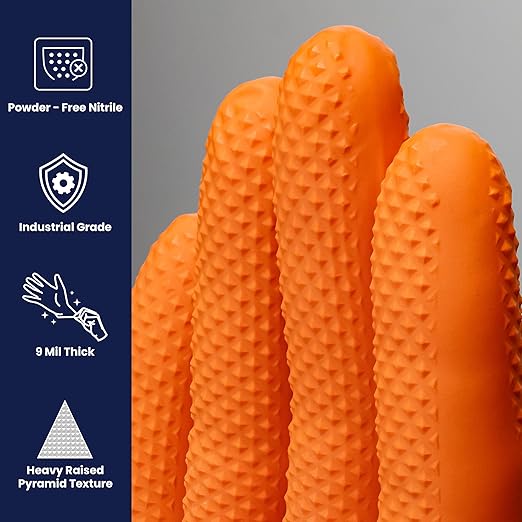 Adenna ProWorks CATCH Disposable Nitrile Gloves – 9 Mil, Heavy Duty Work Rubber Glove with Raised Pyramid Grip, Non–Latex & Powder Free, Pack of 100, Large, Orange