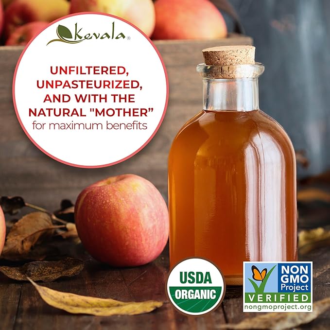 Kevala Organic Raw Apple Cider Vinegar - Unfiltered and Unpasteurized Vinegar for Cooking and Beauty, Addition to Your Routine for Gut Health and Metabolism Support, Salad Dressing Ingredient, 128 oz