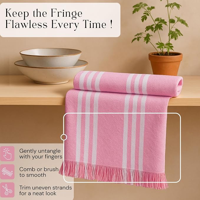 Prewashed Stripe Tea Towels 12 Pack, 16x26 Inches, Dish Cloths for Cooking and Cleaning, Quick Dry Kitchen Rags, Reusable Hand Towels for Drying Dishes and Surfaces - Rose Pink