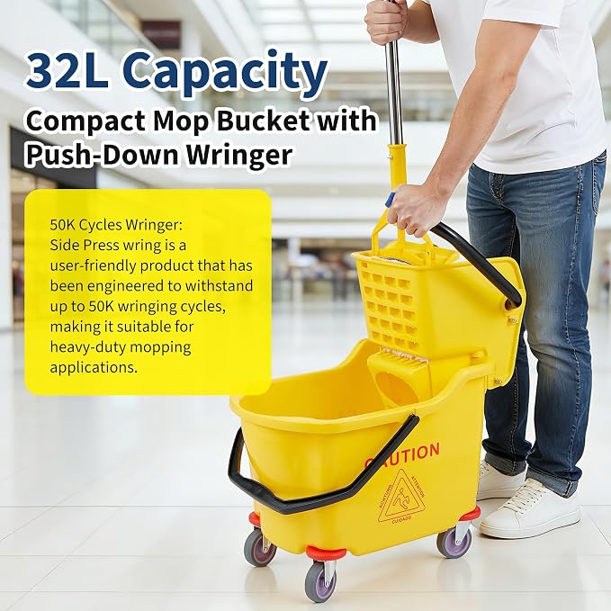 Commercial Mop Bucket with Wheels and Side Press Wringer, 35 Quart Large Capacity Floor Cleaning System for Janitorial, Kitchen, Restaurant, Office & Industrial Use, Yellow