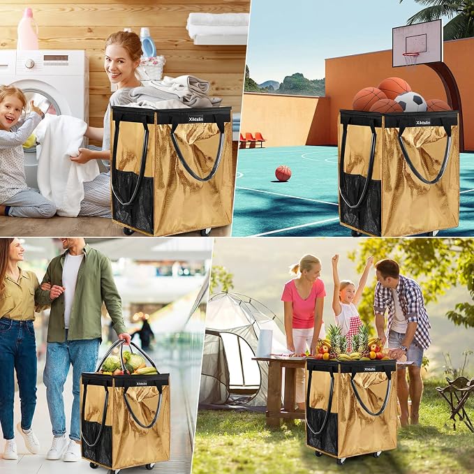 (Medium, Gold) Reusable Grocery Bag on 4 Wheels, Foldable Rolling Tote Carries Up to 66lb Shopping Trolley, Rolling Bag with 3 Handles, Zipper Clouser Rolling Tote Bag with Wheels for Laundry