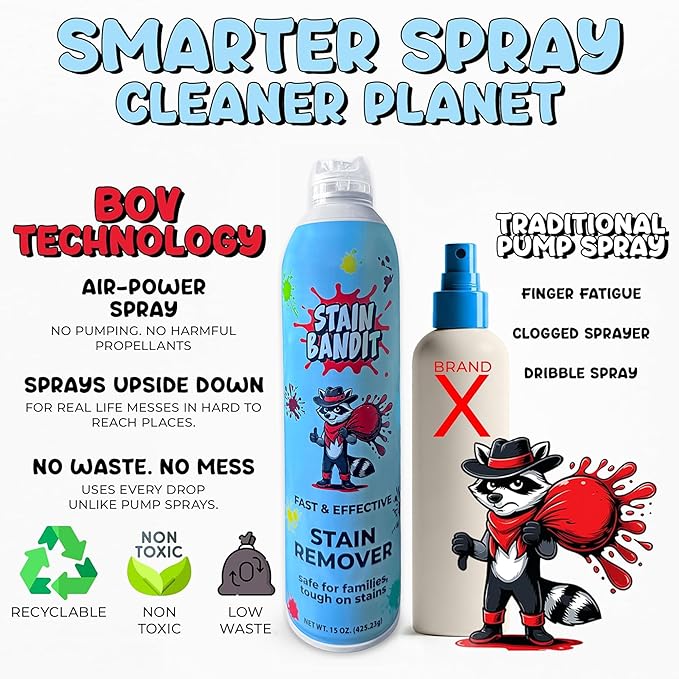 Stain Remover Spray | Non-Toxic Stain Remover Family Safe Formula | Bag-On-Valve 360° Continuous Spray Bottle | Cleaner for Clothes, Upholstery, Carpet & Car Seats 15 Oz, (Pack of 1)