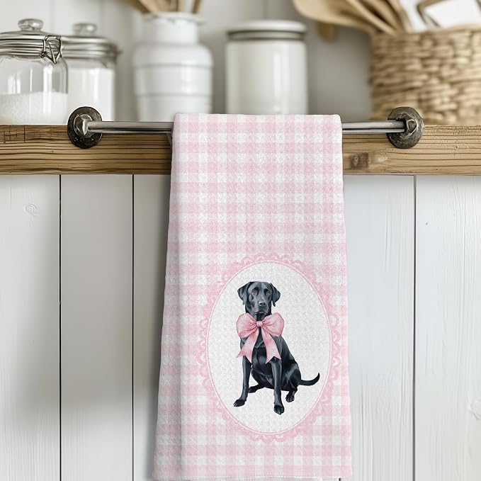 Coquette Pink Bow Black Labrador Retriever Gifts Kitchen Hand Towels for Bathroom，Black Lab Gifts,Coquette Pink Labrador Retriever Dog Girly Bathroom Kitchen Decor,16x24 Inch